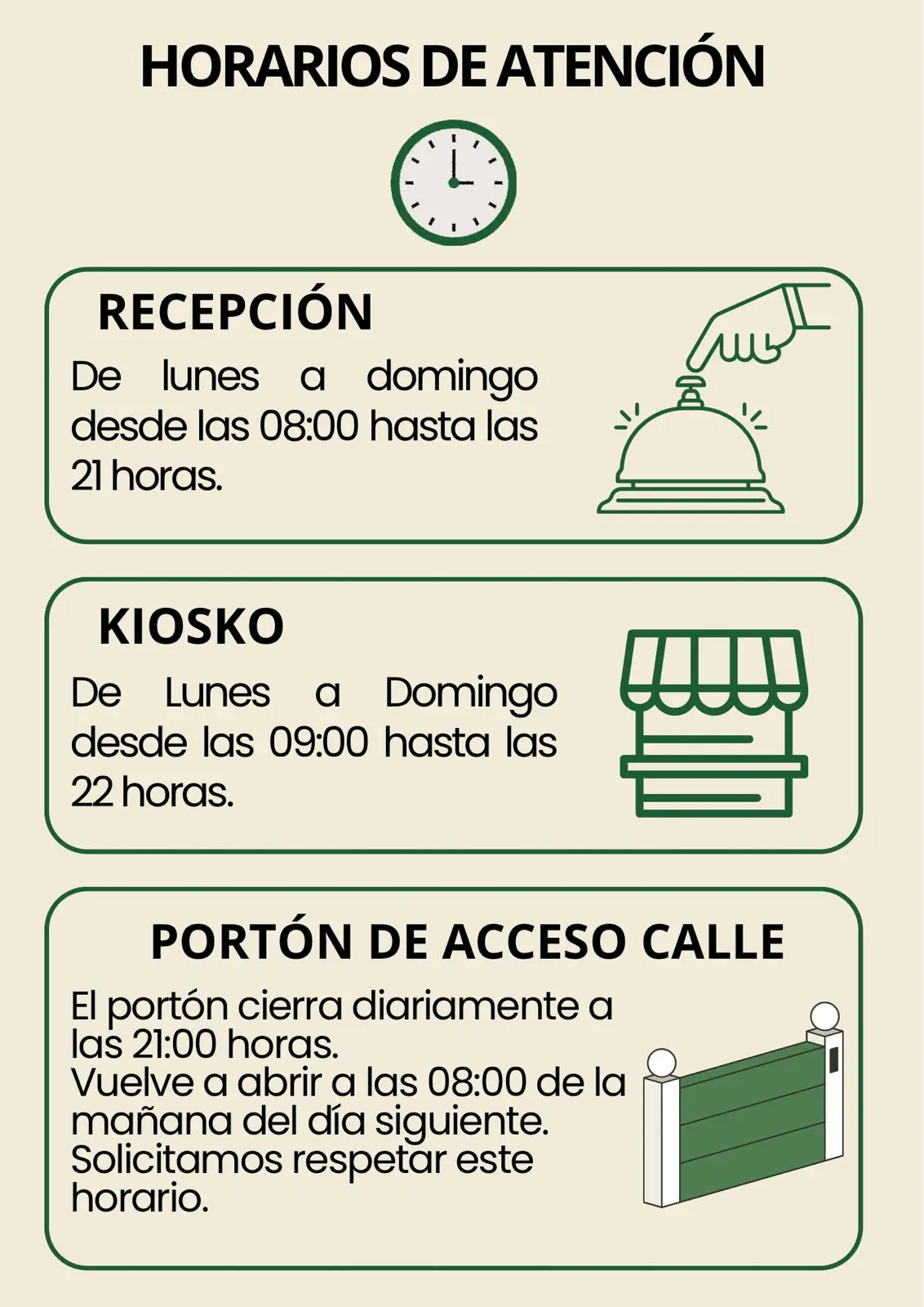 Horarios de atención, recepción, kiosco y portón de acceso del Camping San José Salto del Laja