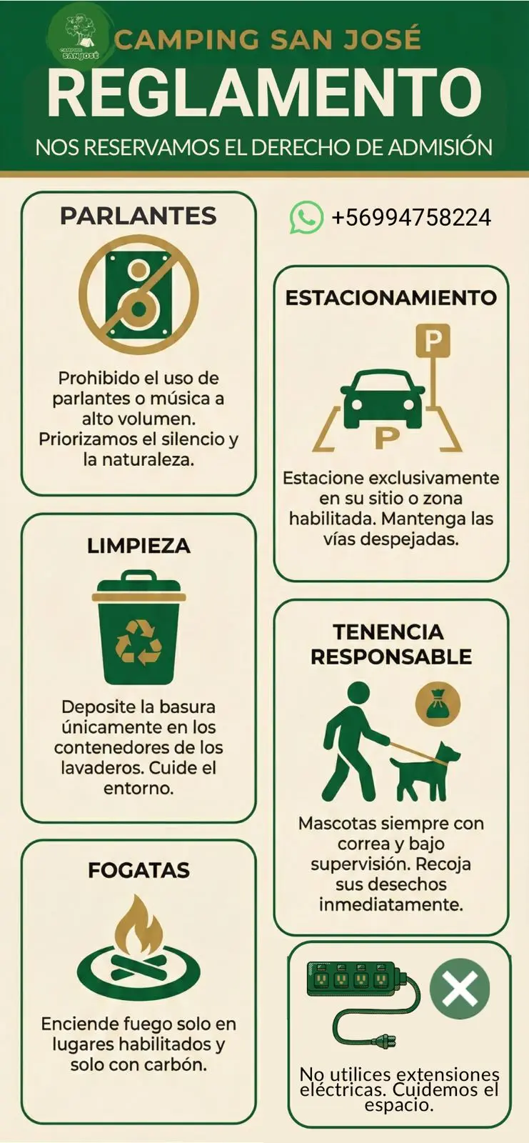 Infografía de valores y tarifas 2025-2026 del Camping San José, día picnic y camping 24 hrs
